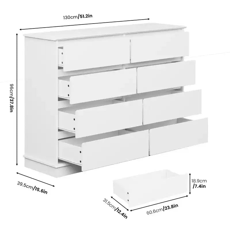 Commode moderne 8 tiroirs pour chambre à coucher, grande commode, meuble de rangement en bois pour placard, salon, chambre d'enfant, crèche, blanc