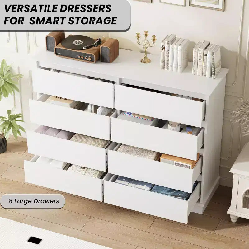 Commode moderne 8 tiroirs pour chambre à coucher, grande commode, meuble de rangement en bois pour placard, salon, chambre d'enfant, crèche, blanc