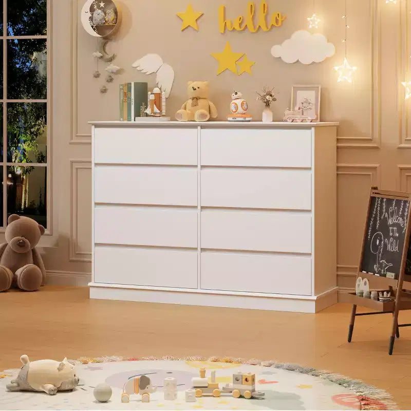 Commode moderne 8 tiroirs pour chambre à coucher, grande commode, meuble de rangement en bois pour placard, salon, chambre d'enfant, crèche, blanc