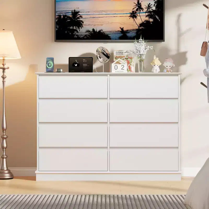 Commode moderne 8 tiroirs pour chambre à coucher, grande commode, meuble de rangement en bois pour placard, salon, chambre d'enfant, crèche, blanc