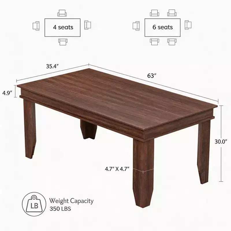 Table de salle à manger de ferme de 63 pouces pour 4 à 6 personnes, table de cuisine rectangulaire en bois avec cadre en bois robuste, grande table à manger pour salle à manger et appartement