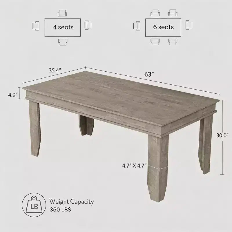 Table de salle à manger de ferme de 63 pouces pour 4 à 6 personnes, table de cuisine rectangulaire en bois avec cadre en bois robuste, grande table à manger pour salle à manger et appartement