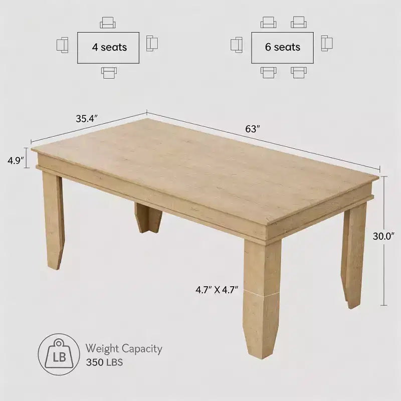 Table de salle à manger de ferme de 63 pouces pour 4 à 6 personnes, table de cuisine rectangulaire en bois avec cadre en bois robuste, grande table à manger pour salle à manger et appartement