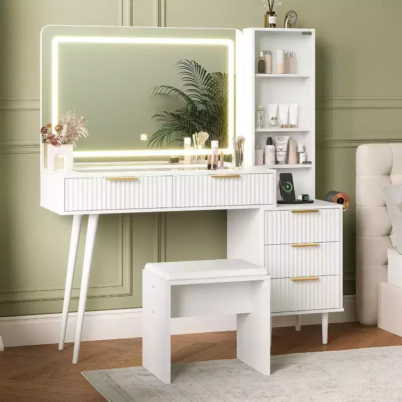 44 Fluted Vanity Desk with 36 Lighted Mirror & Power Outlet, Makeup Vanity w/3 Adjustable Light Colors, 5 Drawers, Dressing Table Set for Bedroom