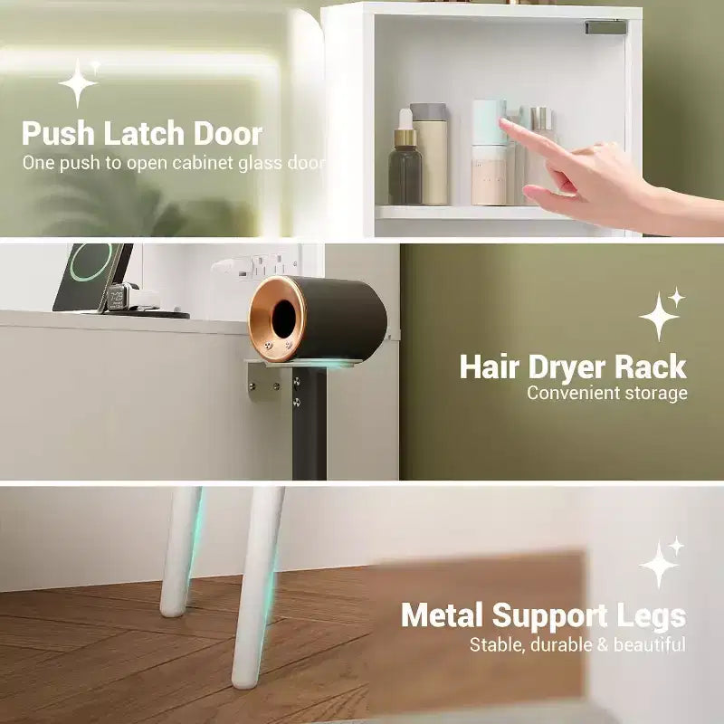Coiffeuse cannelée de 44 po avec miroir éclairé de 36 po et prise électrique, coiffeuse de maquillage avec 3 couleurs de lumière réglables, 5 tiroirs, table de toilette pour chambre à coucher