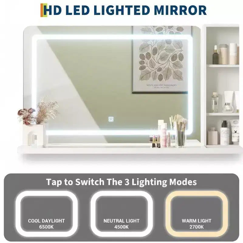 Coiffeuse cannelée de 44 po avec miroir éclairé de 36 po et prise électrique, coiffeuse de maquillage avec 3 couleurs de lumière réglables, 5 tiroirs, table de toilette pour chambre à coucher