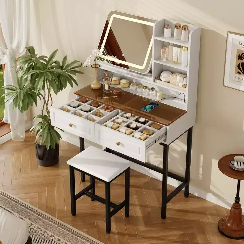 Whisen Makeup Vanity Desk, Modern Dressing Table Vanity with Mirror, 2 Drawers & Sturdy Metal Leg and Stool - White