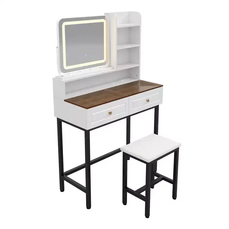 Coiffeuse avec miroir, coiffeuse moderne avec miroir, 2 tiroirs et pieds et tabouret en métal robustes - Blanc