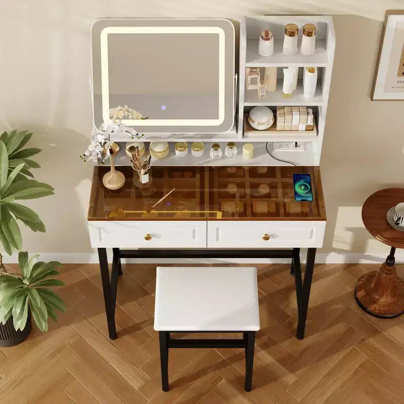 Coiffeuse avec miroir, coiffeuse moderne avec miroir, 2 tiroirs et pieds et tabouret en métal robustes - Blanc