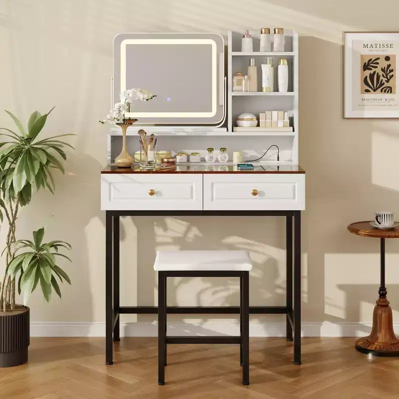 Coiffeuse avec miroir, coiffeuse moderne avec miroir, 2 tiroirs et pieds et tabouret en métal robustes - Blanc