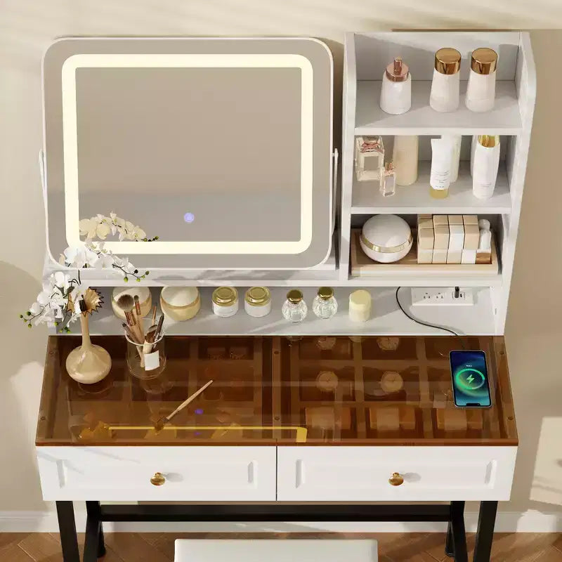 Coiffeuse avec miroir, coiffeuse moderne avec miroir, 2 tiroirs et pieds et tabouret en métal robustes - Blanc