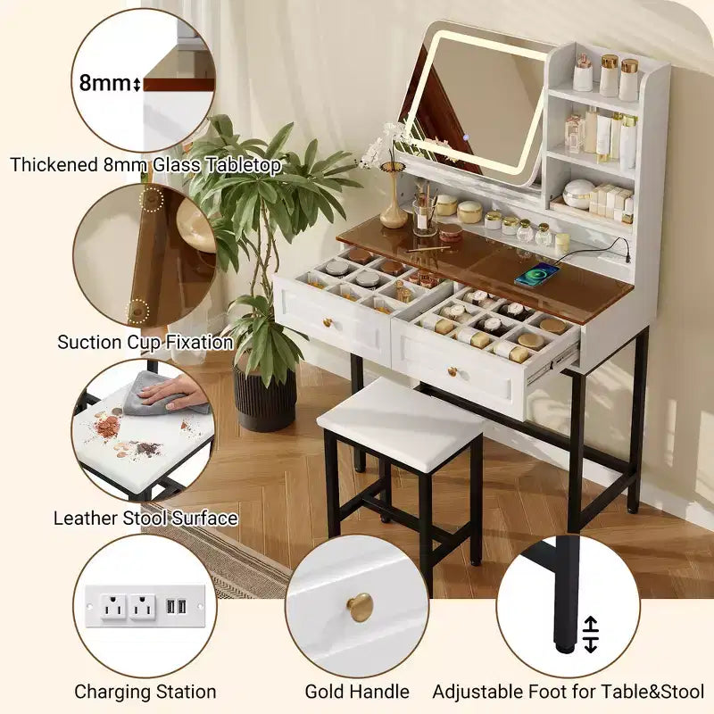 Coiffeuse avec miroir, coiffeuse moderne avec miroir, 2 tiroirs et pieds et tabouret en métal robustes - Blanc