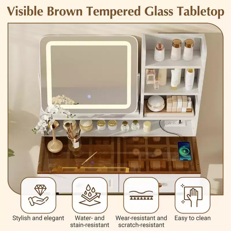 Coiffeuse avec miroir, coiffeuse moderne avec miroir, 2 tiroirs et pieds et tabouret en métal robustes - Blanc