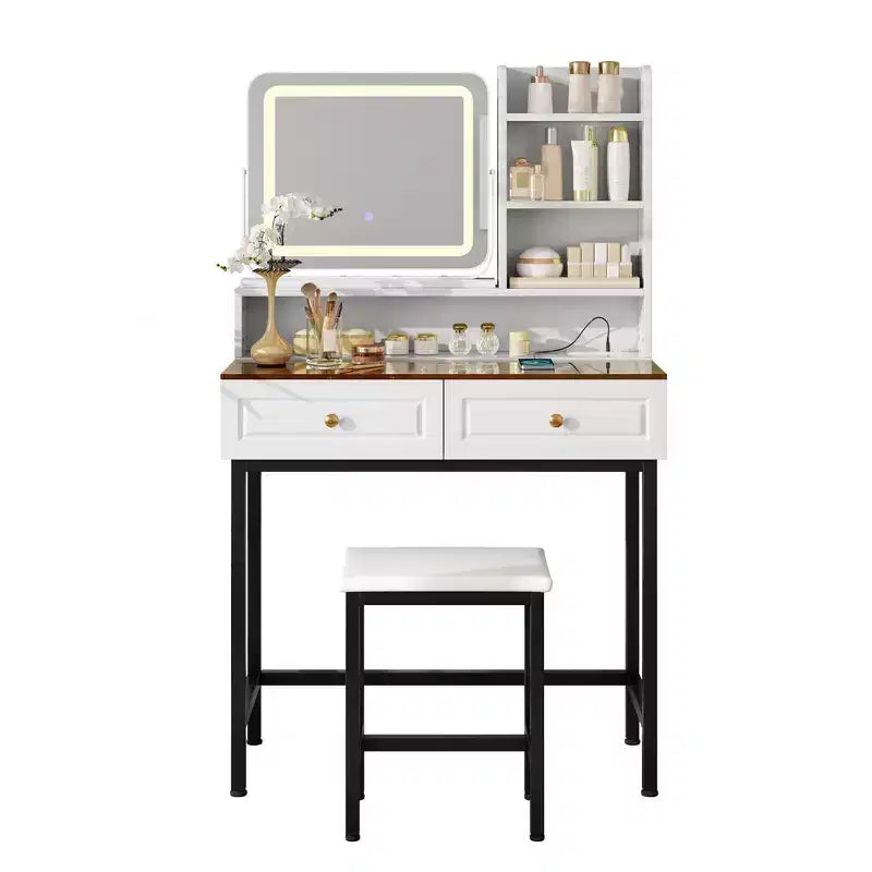 Coiffeuse avec miroir, coiffeuse moderne avec miroir, 2 tiroirs et pieds et tabouret en métal robustes - Blanc