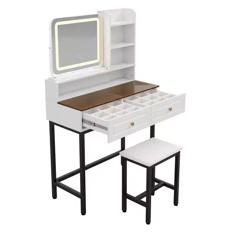 Coiffeuse avec miroir, coiffeuse moderne avec miroir, 2 tiroirs et pieds et tabouret en métal robustes - Blanc