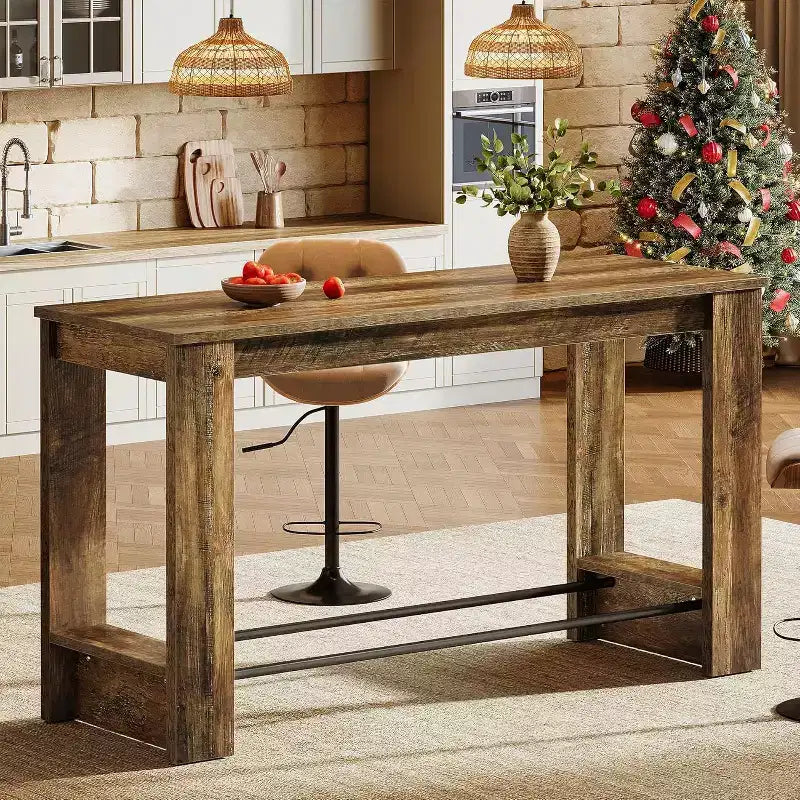 Lantine 63'' High Top Bar Table, 37.4'' Counter Height Pub Table with Metal Footrests, Long Home Bar Unit for Kitchen, Bistro, or Restaurant