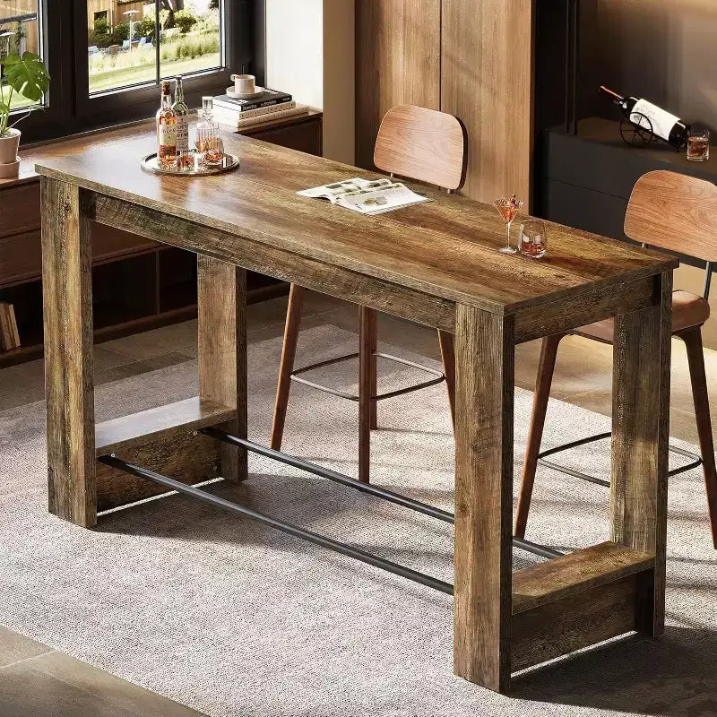 Table de bar haute 160 cm, Table de bistrot hauteur comptoir 95 cm avec repose-pieds en métal, Longue unité de bar pour cuisine, bistro ou restaurant