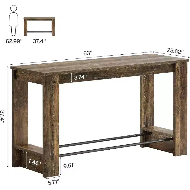 Table de bar haute 160 cm, Table de bistrot hauteur comptoir 95 cm avec repose-pieds en métal, Longue unité de bar pour cuisine, bistro ou restaurant
