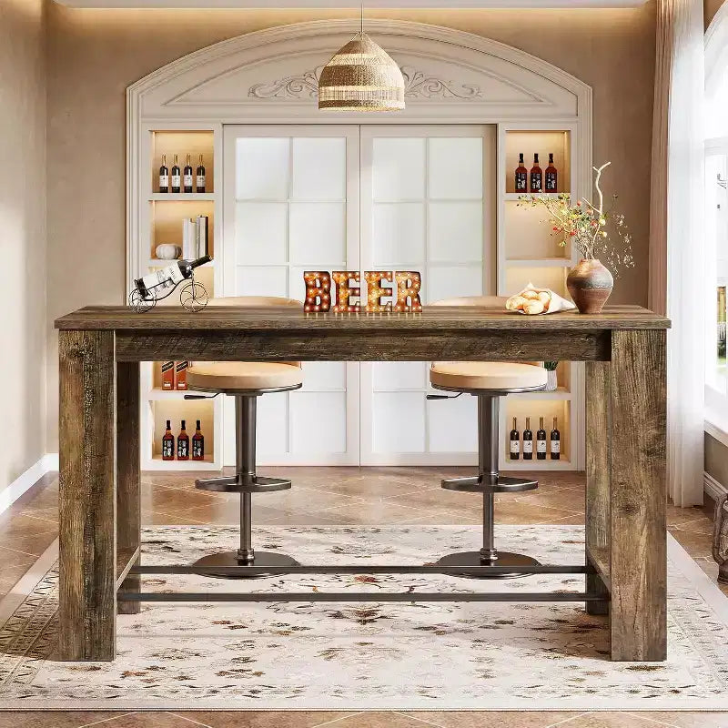 Table de bar haute 160 cm, Table de bistrot hauteur comptoir 95 cm avec repose-pieds en métal, Longue unité de bar pour cuisine, bistro ou restaurant