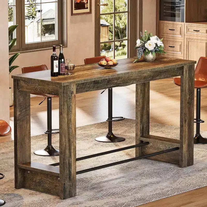 Table de bar haute 160 cm, Table de bistrot hauteur comptoir 95 cm avec repose-pieds en métal, Longue unité de bar pour cuisine, bistro ou restaurant