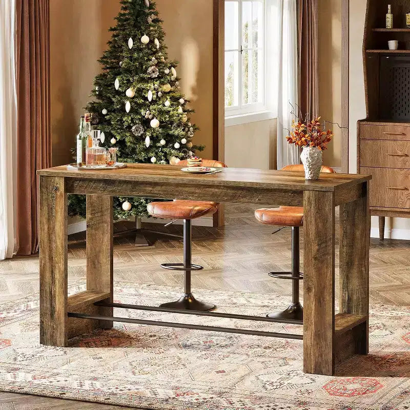 Table de bar haute 160 cm, Table de bistrot hauteur comptoir 95 cm avec repose-pieds en métal, Longue unité de bar pour cuisine, bistro ou restaurant