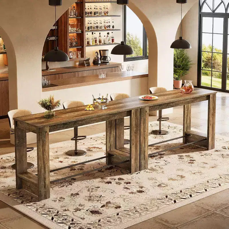 Table de bar haute 160 cm, Table de bistrot hauteur comptoir 95 cm avec repose-pieds en métal, Longue unité de bar pour cuisine, bistro ou restaurant