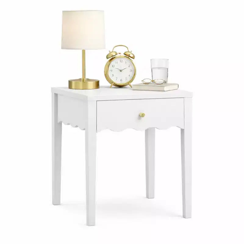 Table de chevet blanche avec tiroir, table de chevet moderne avec tablier ondulé, table d'appoint compacte pour chambre et salon, petite table d'appoint avec rangement
