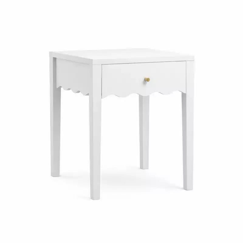 Table de chevet blanche avec tiroir, table de chevet moderne avec tablier ondulé, table d'appoint compacte pour chambre et salon, petite table d'appoint avec rangement