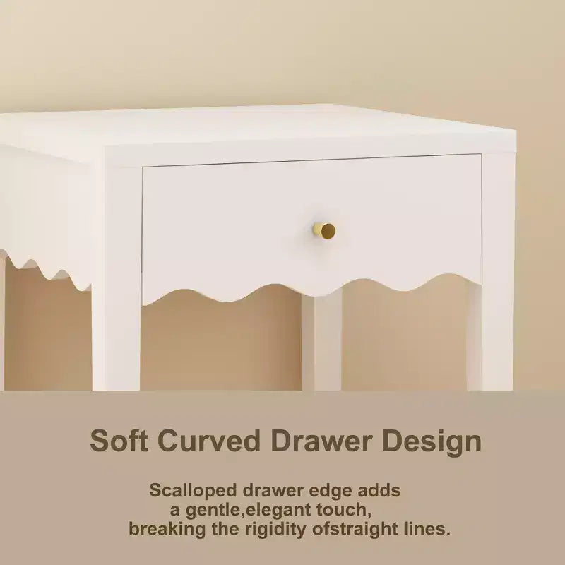Table de chevet blanche avec tiroir, table de chevet moderne avec tablier ondulé, table d'appoint compacte pour chambre et salon, petite table d'appoint avec rangement