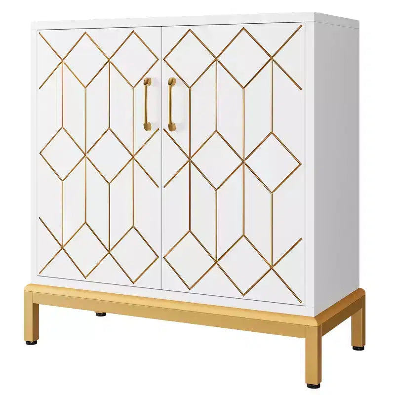 Buffet Cabinet, Modern Storage Cabinet with Doors & Shelves, 30.9W14.3D33.3H, White/Gold for Kitchen/Office/Dining/Living Room