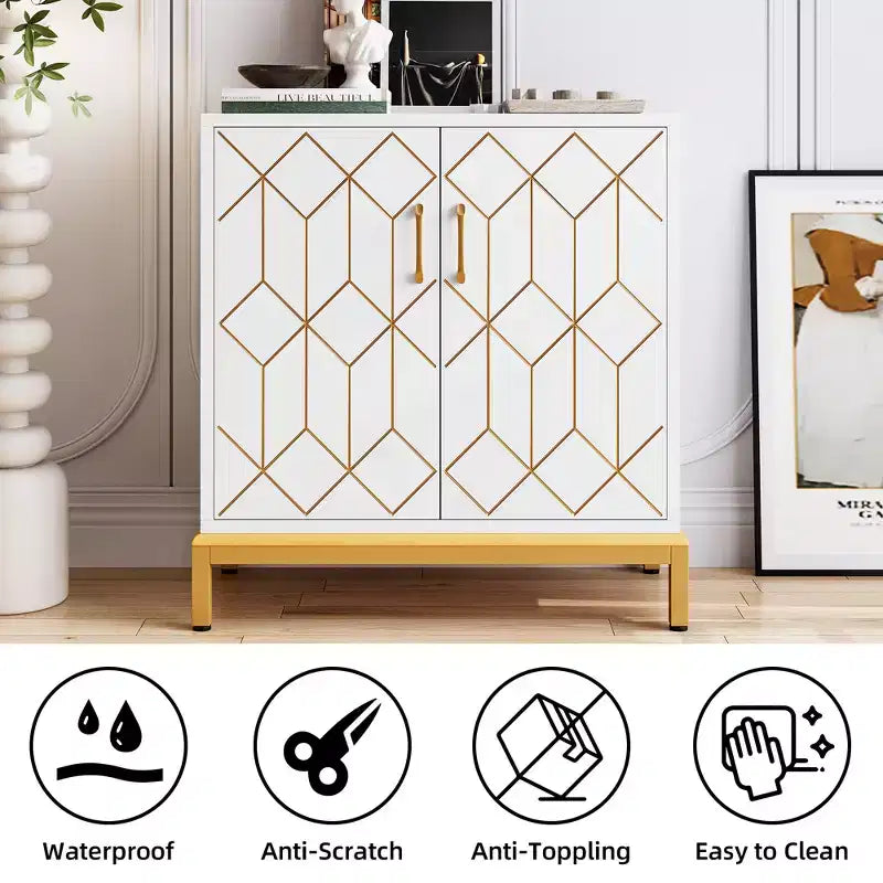 Bahut de buffet, meuble de rangement moderne avec portes et étagères, 30.9W14.3D33.3H, blanc/doré pour cuisine/bureau/salle à manger/salon
