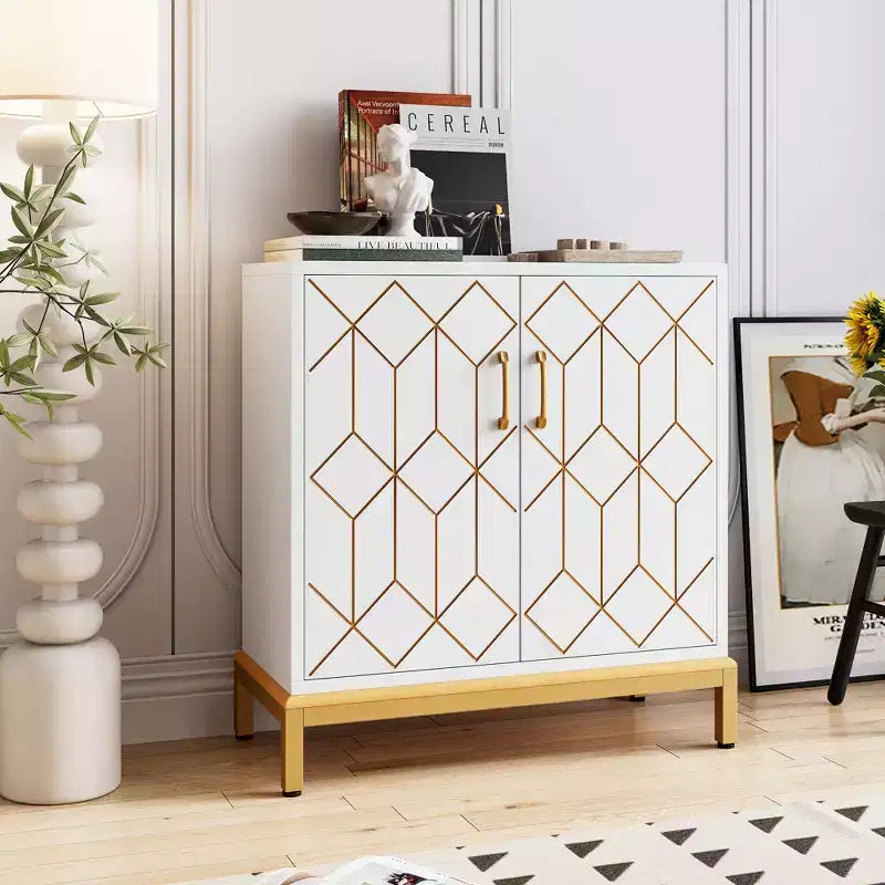 Bahut de buffet, meuble de rangement moderne avec portes et étagères, 30.9W14.3D33.3H, blanc/doré pour cuisine/bureau/salle à manger/salon