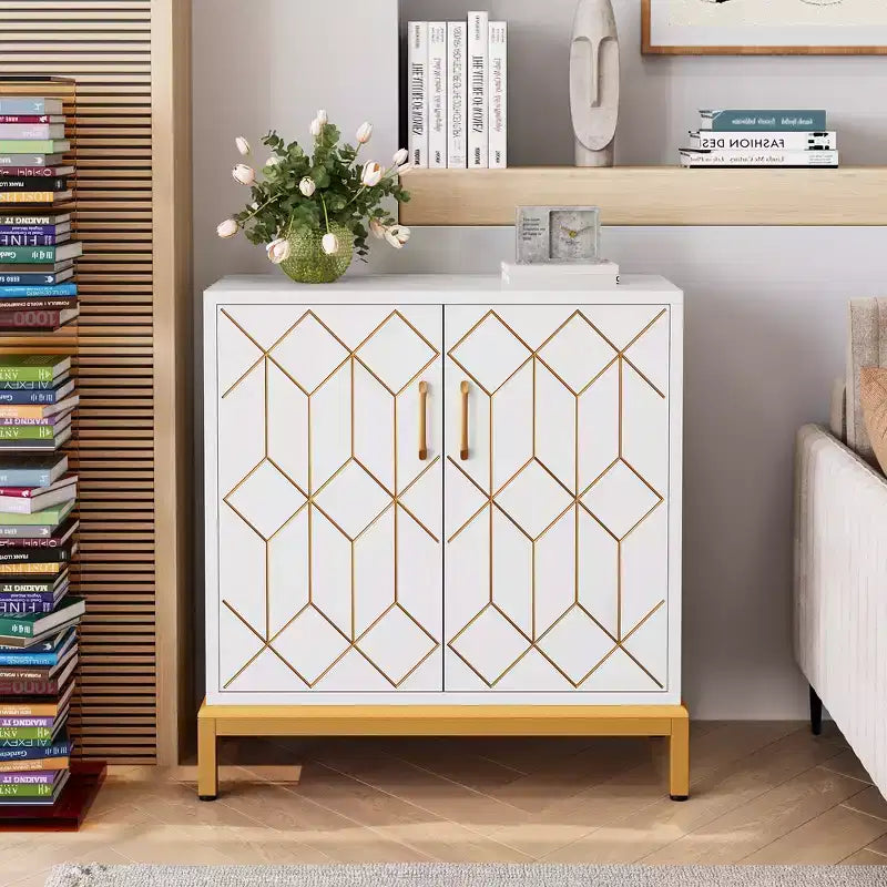Bahut de buffet, meuble de rangement moderne avec portes et étagères, 30.9W14.3D33.3H, blanc/doré pour cuisine/bureau/salle à manger/salon