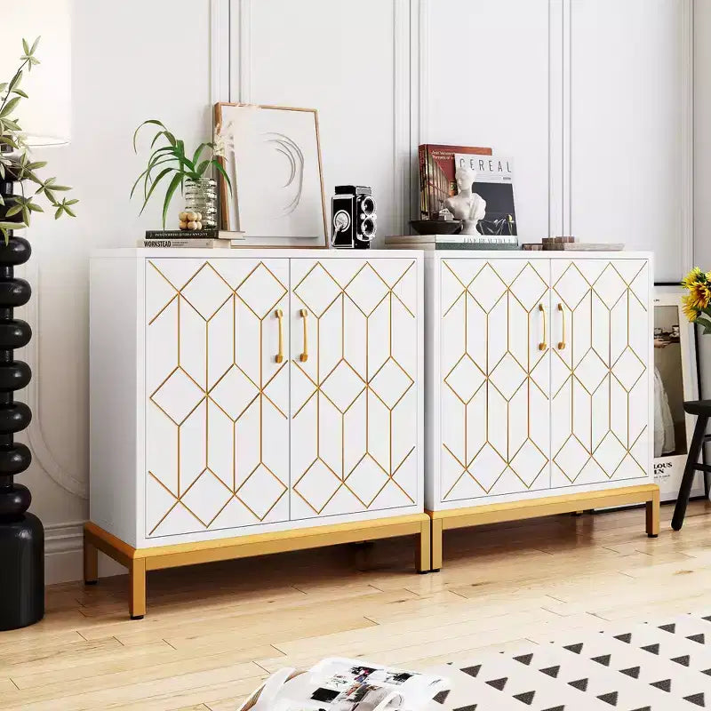 Bahut de buffet, meuble de rangement moderne avec portes et étagères, 30.9W14.3D33.3H, blanc/doré pour cuisine/bureau/salle à manger/salon