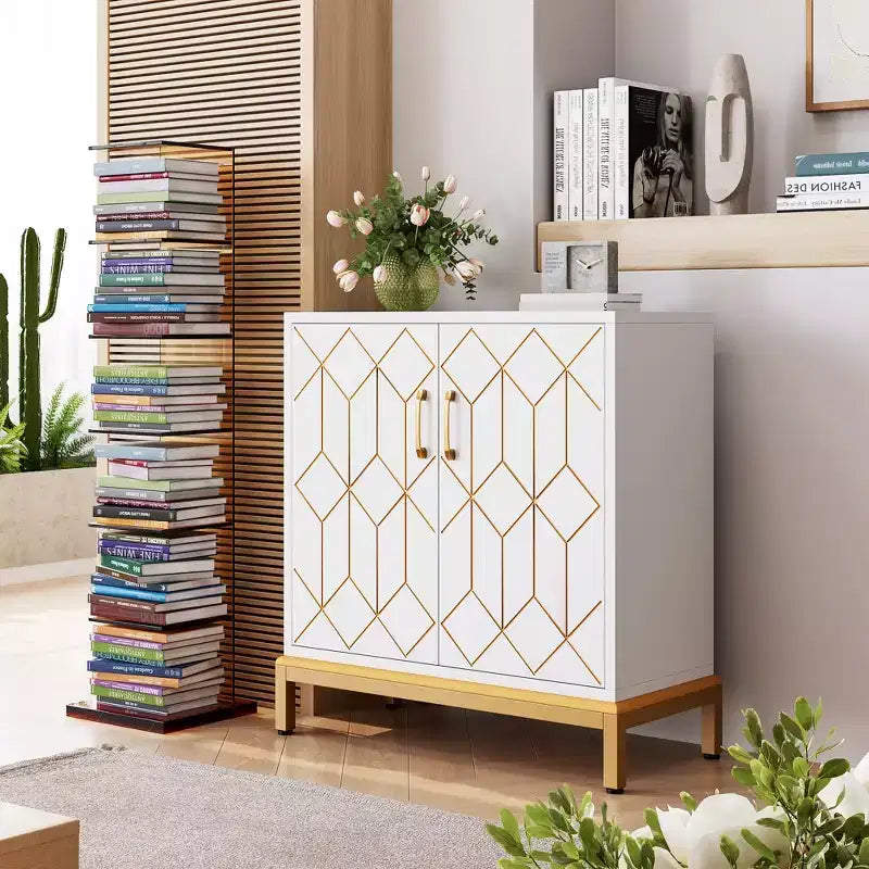Bahut de buffet, meuble de rangement moderne avec portes et étagères, 30.9W14.3D33.3H, blanc/doré pour cuisine/bureau/salle à manger/salon