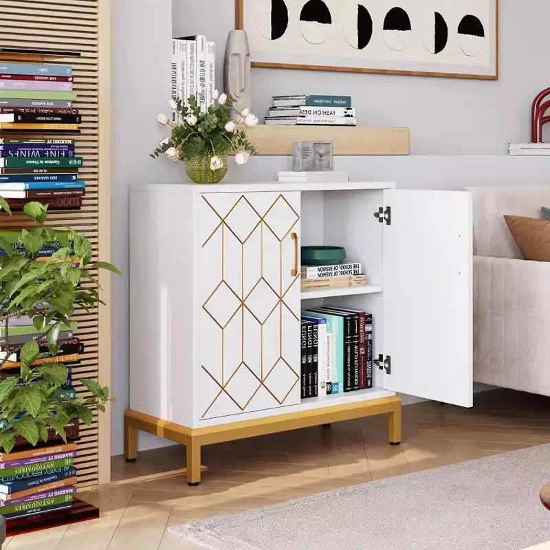 Bahut de buffet, meuble de rangement moderne avec portes et étagères, 30.9W14.3D33.3H, blanc/doré pour cuisine/bureau/salle à manger/salon