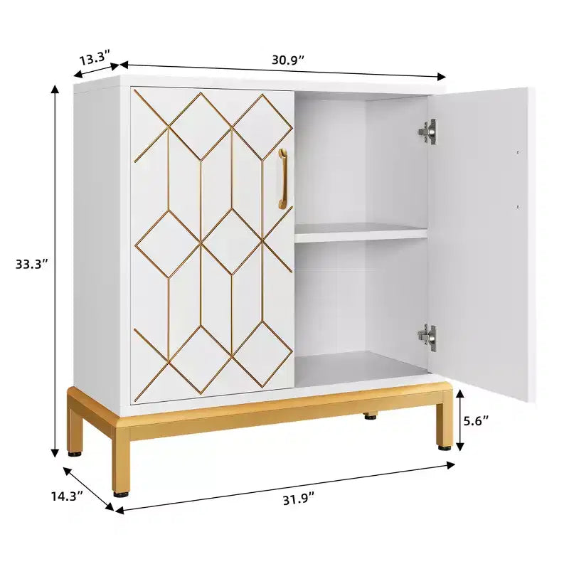 Bahut de buffet, meuble de rangement moderne avec portes et étagères, 30.9W14.3D33.3H, blanc/doré pour cuisine/bureau/salle à manger/salon