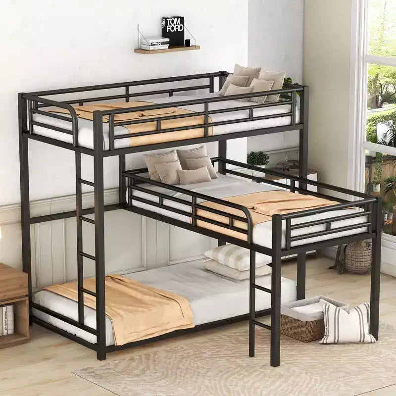 ModernLuxe L-Shaped Triple Twin Metal Bunk Bed, Space-Saving Industrial Triple Decker with Ladders & Full Guardrails, Black