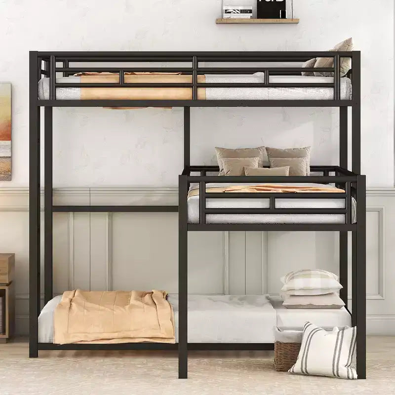 Lit superposé triple en métal en forme de L, triple couche industrielle peu encombrante avec échelles et balustrades complètes, noir