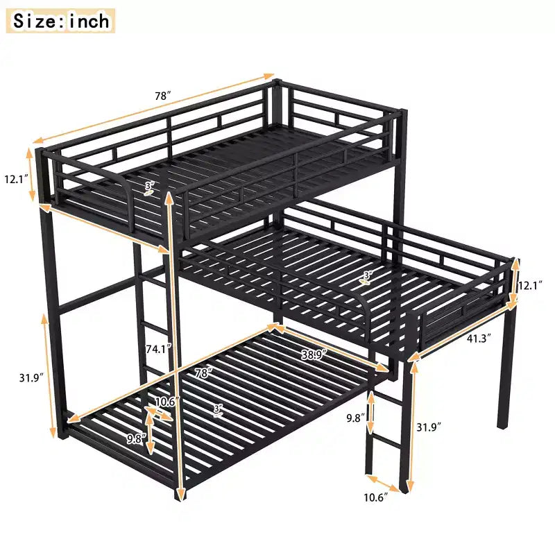 Lit superposé triple en métal en forme de L, triple couche industrielle peu encombrante avec échelles et balustrades complètes, noir