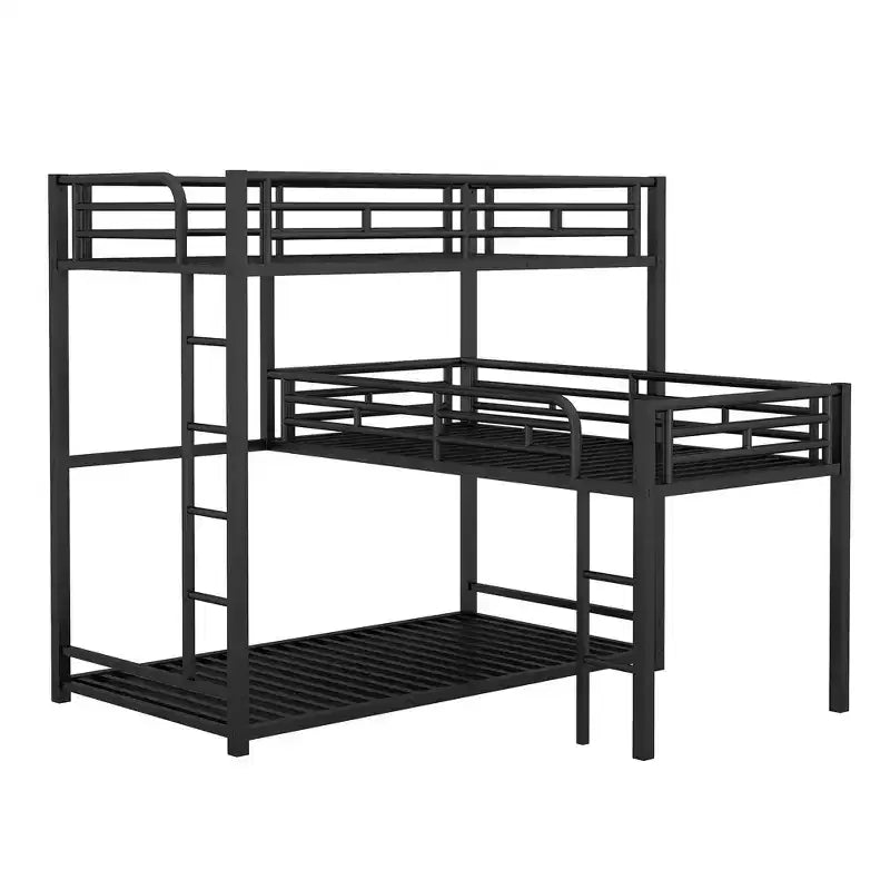 Lit superposé triple en métal en forme de L, triple couche industrielle peu encombrante avec échelles et balustrades complètes, noir
