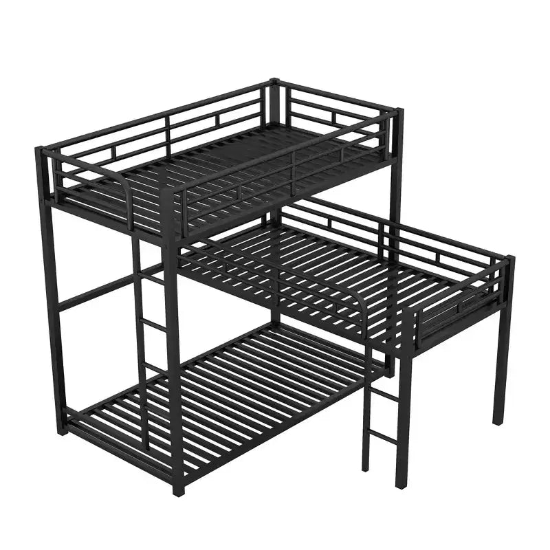 Lit superposé triple en métal en forme de L, triple couche industrielle peu encombrante avec échelles et balustrades complètes, noir