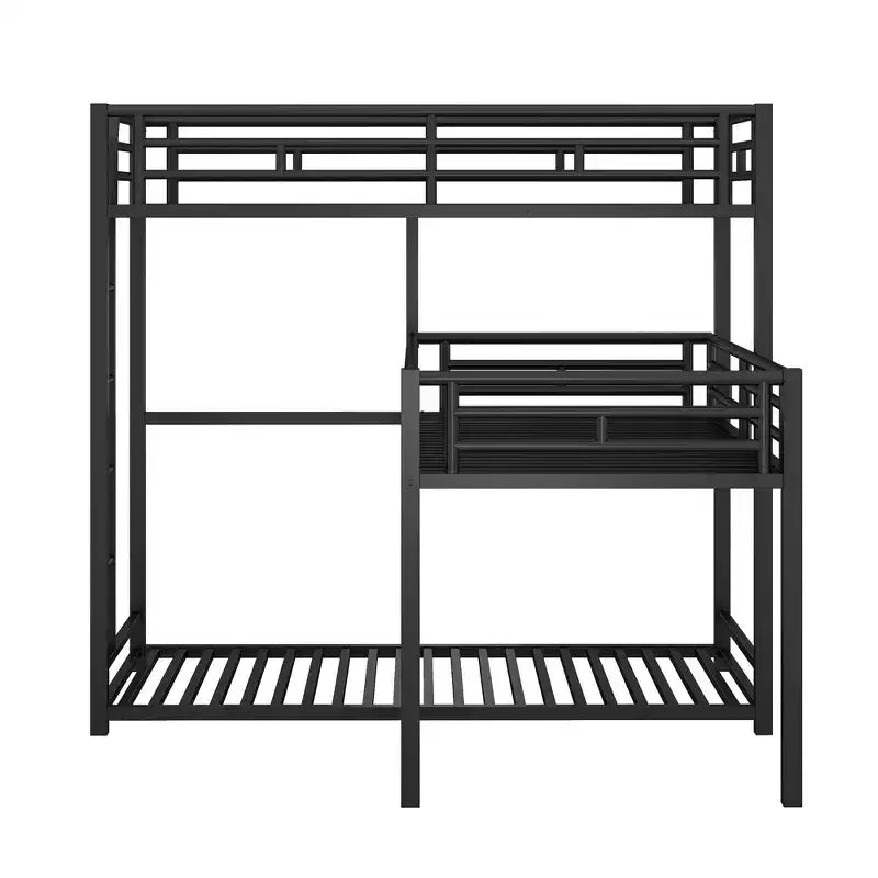 Lit superposé triple en métal en forme de L, triple couche industrielle peu encombrante avec échelles et balustrades complètes, noir