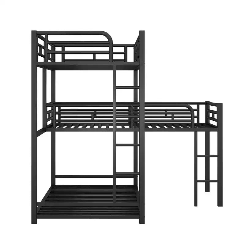 Lit superposé triple en métal en forme de L, triple couche industrielle peu encombrante avec échelles et balustrades complètes, noir