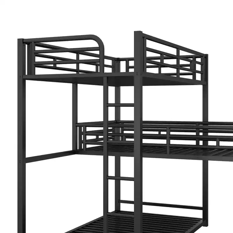 Lit superposé triple en métal en forme de L, triple couche industrielle peu encombrante avec échelles et balustrades complètes, noir