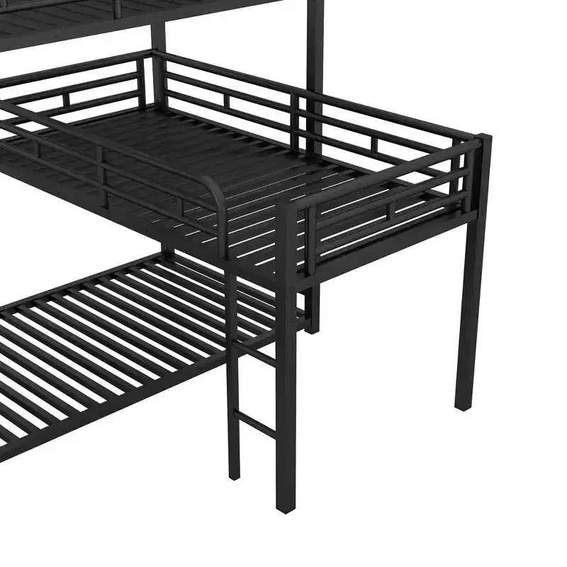 Lit superposé triple en métal en forme de L, triple couche industrielle peu encombrante avec échelles et balustrades complètes, noir