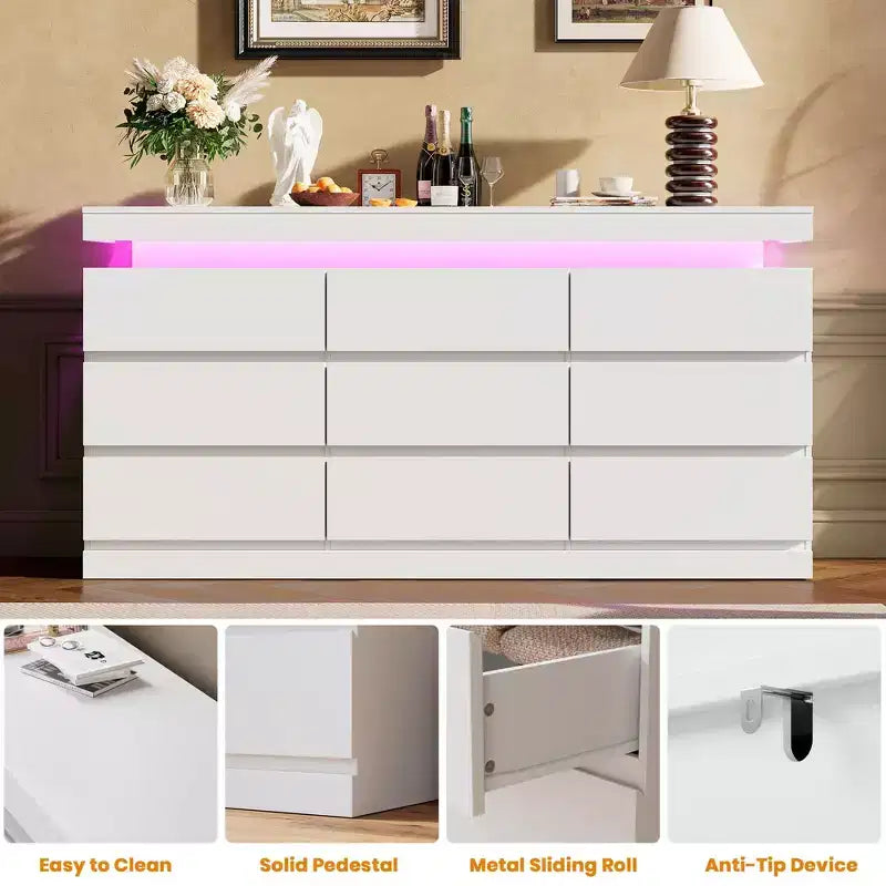 Commode 9 tiroirs pour chambre à coucher, Meuble de rangement avec station de recharge et lumières LED, Double armoire de rangement en bois, Meuble TV commode moderne