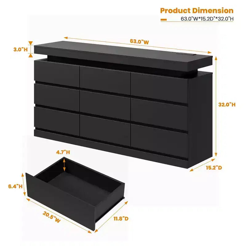 Commode 9 tiroirs pour chambre à coucher, Meuble de rangement avec station de recharge et lumières LED, Double armoire de rangement en bois, Meuble TV commode moderne
