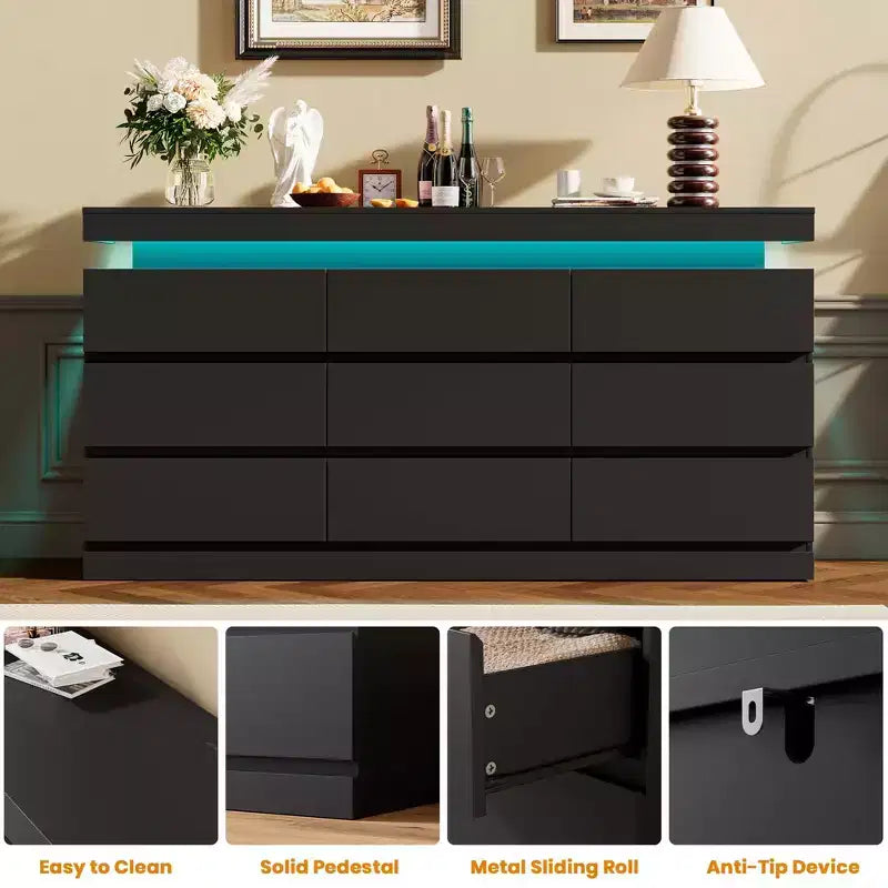 Commode 9 tiroirs pour chambre à coucher, Meuble de rangement avec station de recharge et lumières LED, Double armoire de rangement en bois, Meuble TV commode moderne
