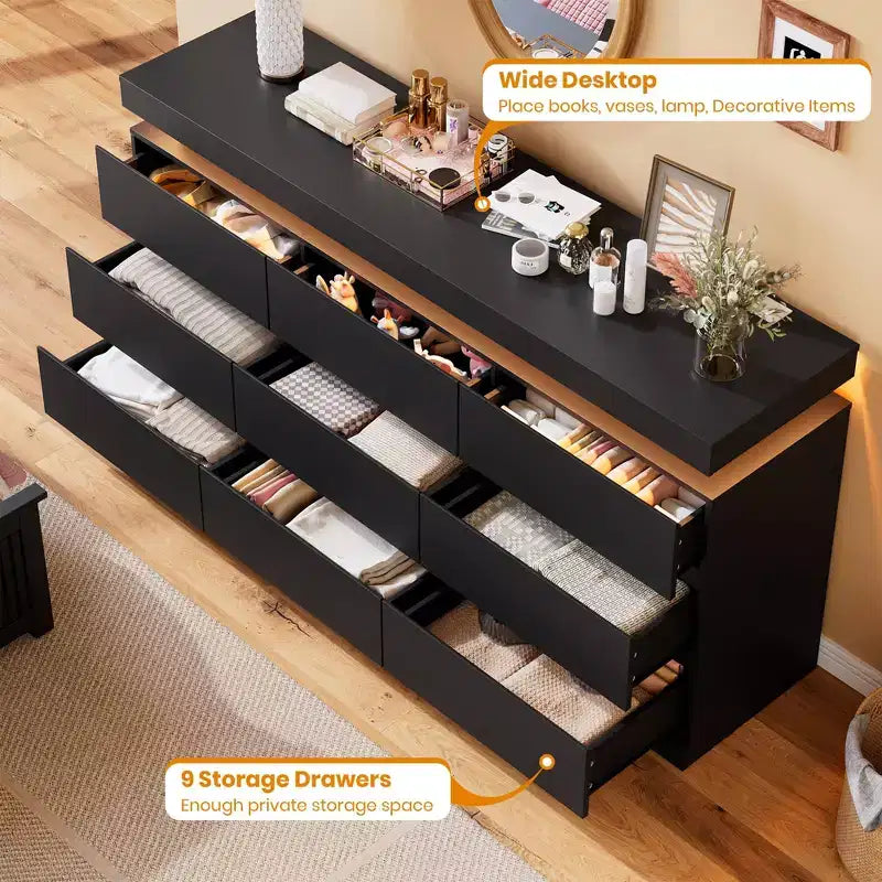 Commode 9 tiroirs pour chambre à coucher, Meuble de rangement avec station de recharge et lumières LED, Double armoire de rangement en bois, Meuble TV commode moderne
